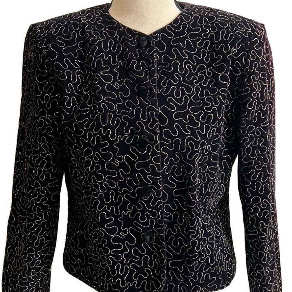 Vintage Norton Mcnaughton Velvet Sparkly Blazer Black 10 Petite Abstract Wave